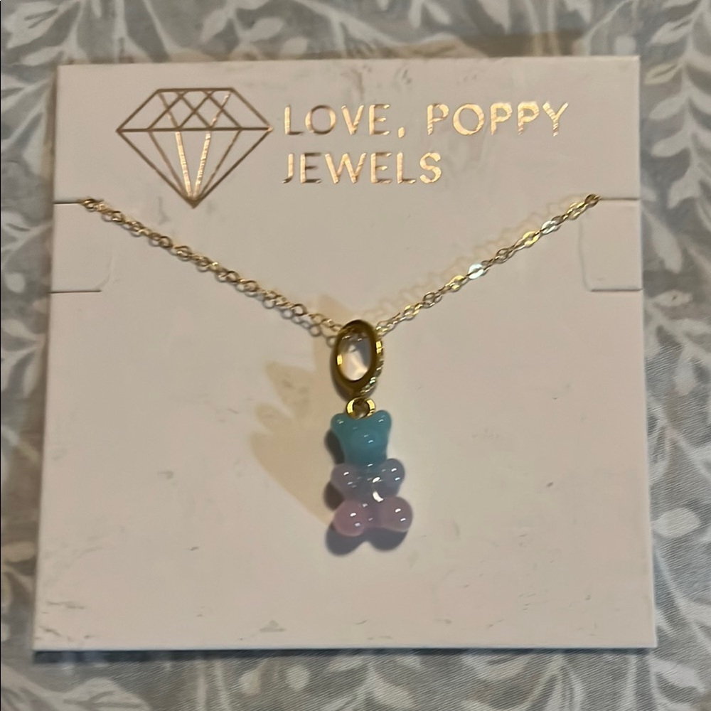 Love Poppy Gold Necklace with Blue, Pink and Purple Gummy Bear